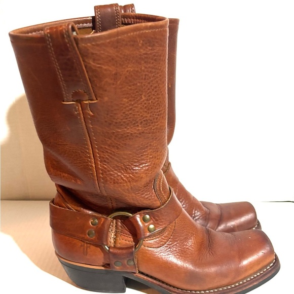 Frye Brown distressed Leather Western motorcycle ankle boots square toes soles - Picture 5 of 10